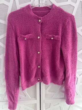 SHEIN Pink Teddy Bouclé Pearl-Button cardigan